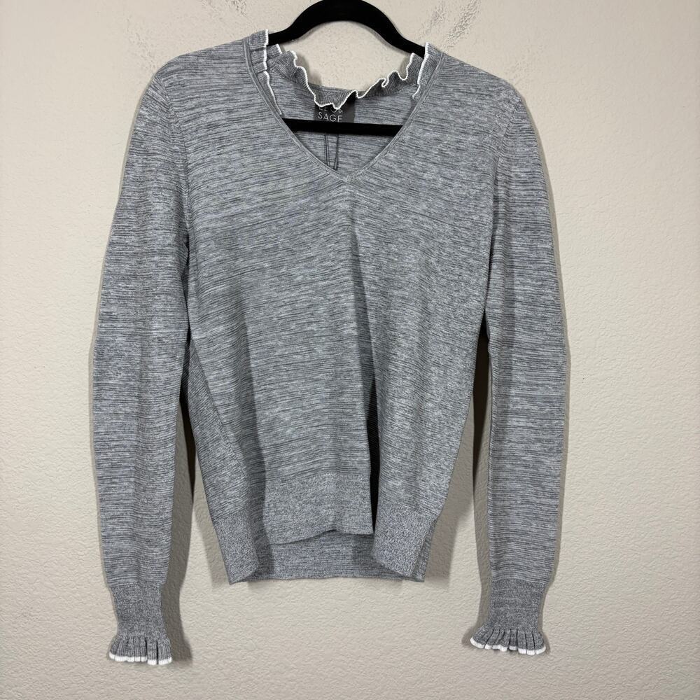 Leo & Sage Womens Size Small Ruffle V Neck Sweater Top Gray Cotton Long Sleeves
